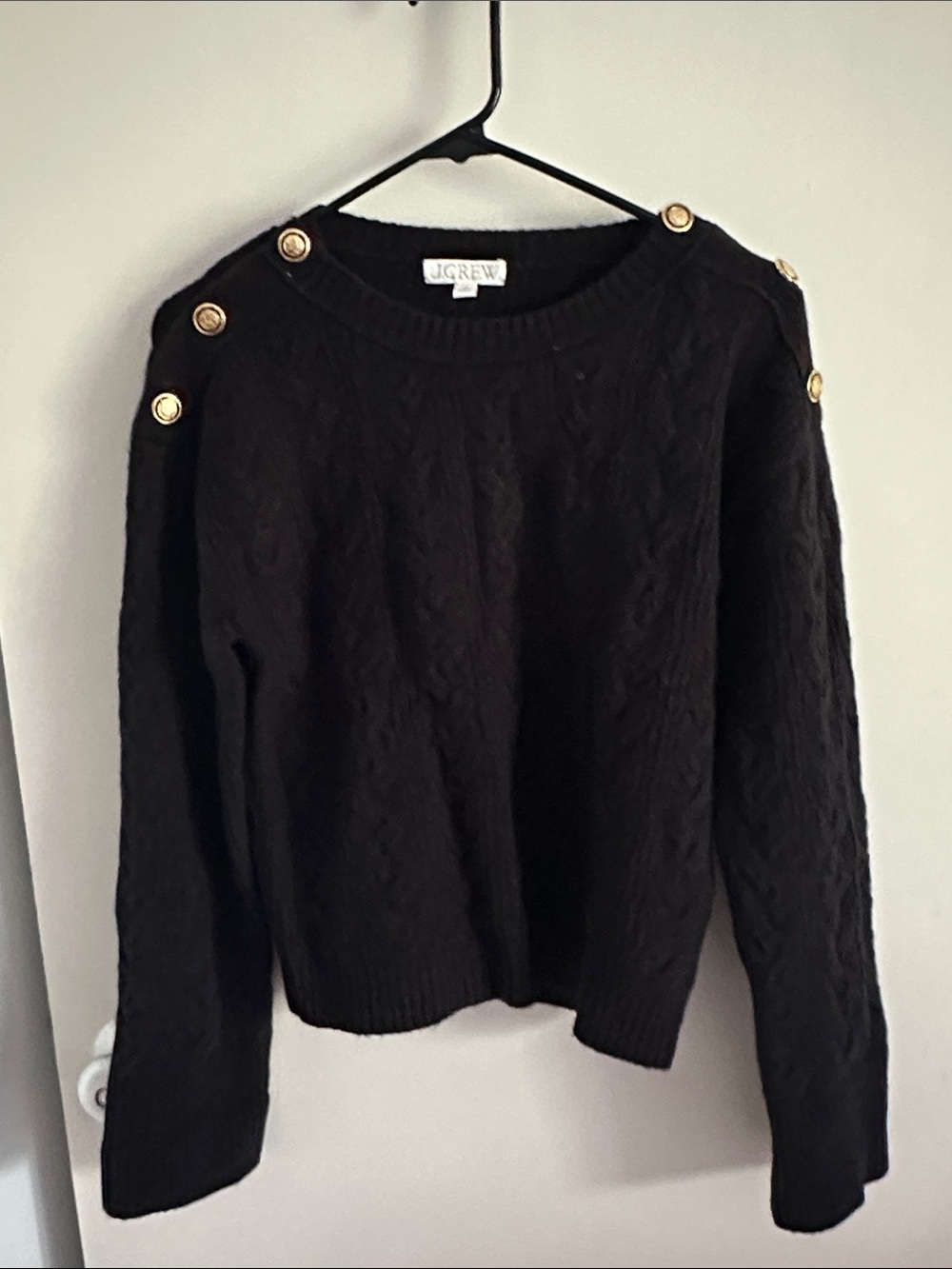 J. Crew Black Cable Knit Crewneck Sweater with Gold Shoulder Buttons